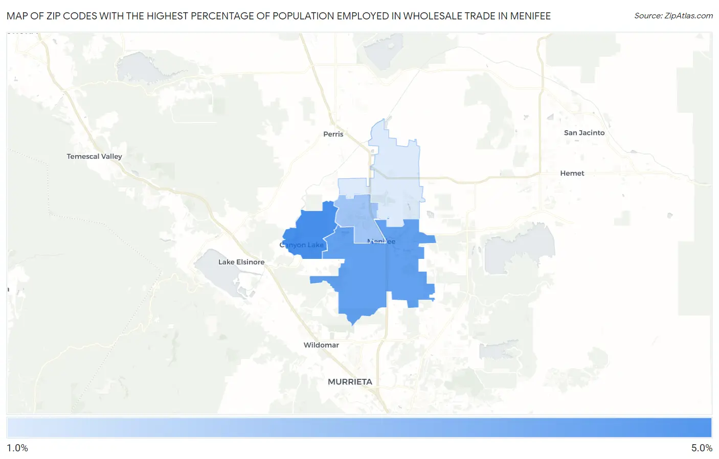 Zip Codes with the Highest Percentage of Population Employed in Wholesale Trade in Menifee Map