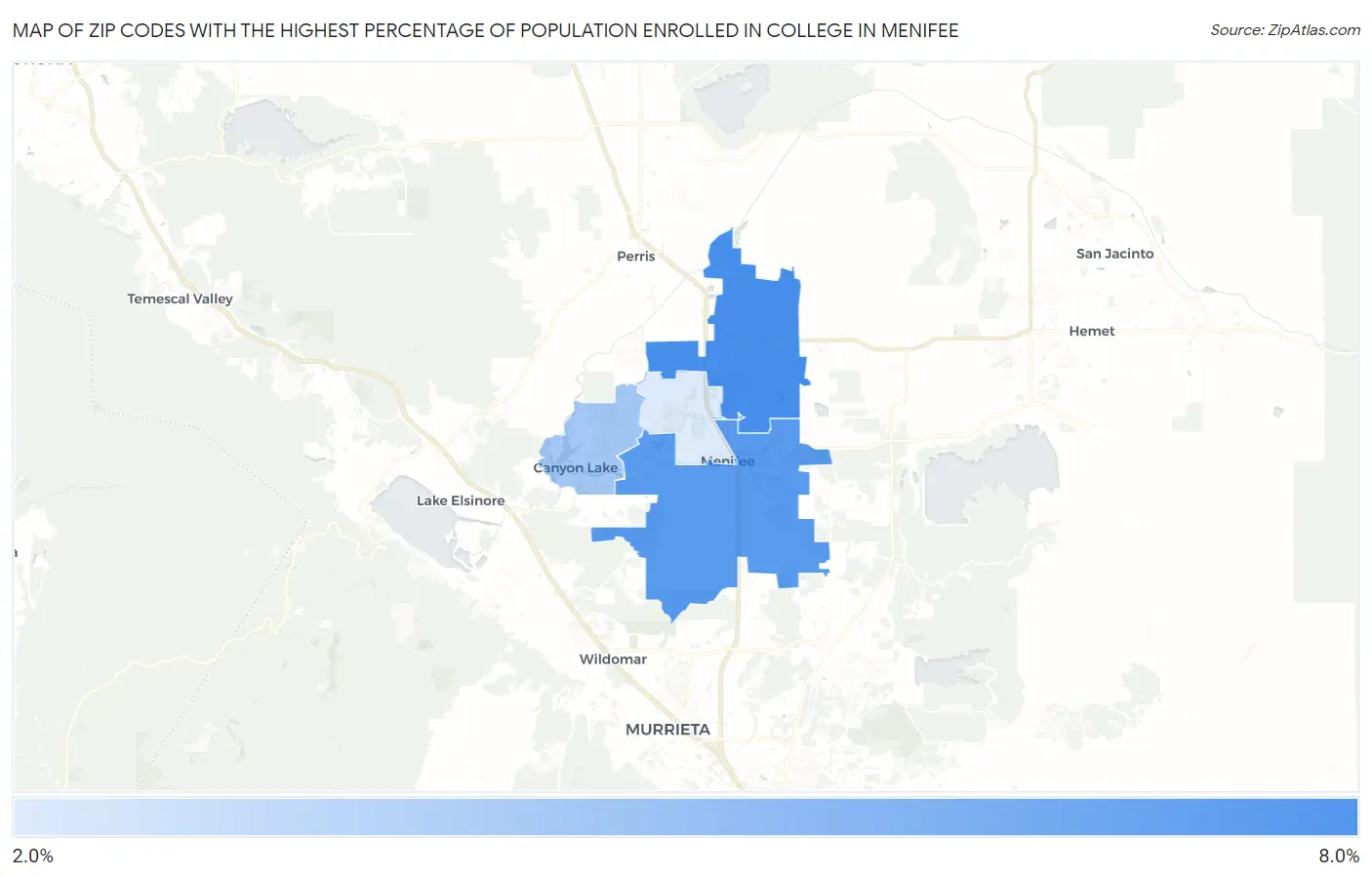 Zip Codes with the Highest Percentage of Population Enrolled in College in Menifee Map