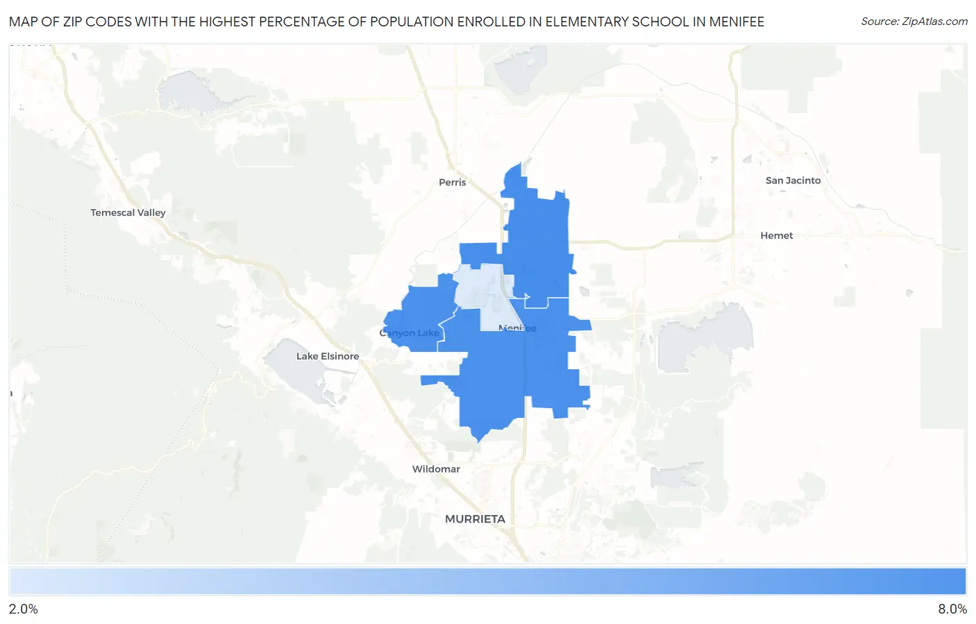 Zip Codes with the Highest Percentage of Population Enrolled in Elementary School in Menifee Map