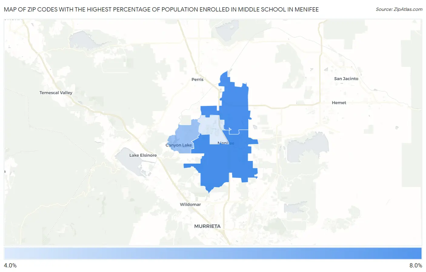 Zip Codes with the Highest Percentage of Population Enrolled in Middle School in Menifee Map