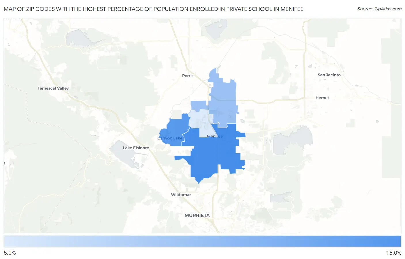 Zip Codes with the Highest Percentage of Population Enrolled in Private School in Menifee Map