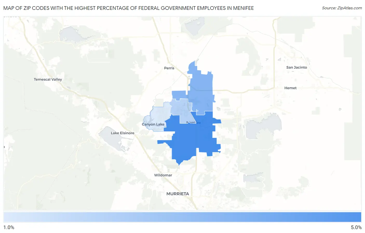 Zip Codes with the Highest Percentage of Federal Government Employees in Menifee Map