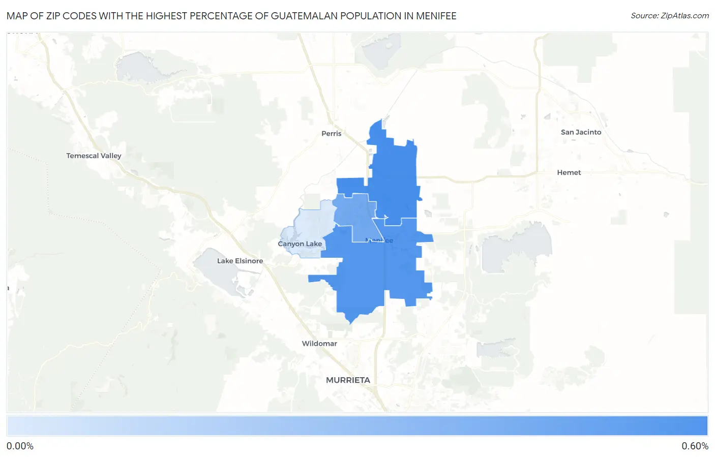Zip Codes with the Highest Percentage of Guatemalan Population in Menifee Map