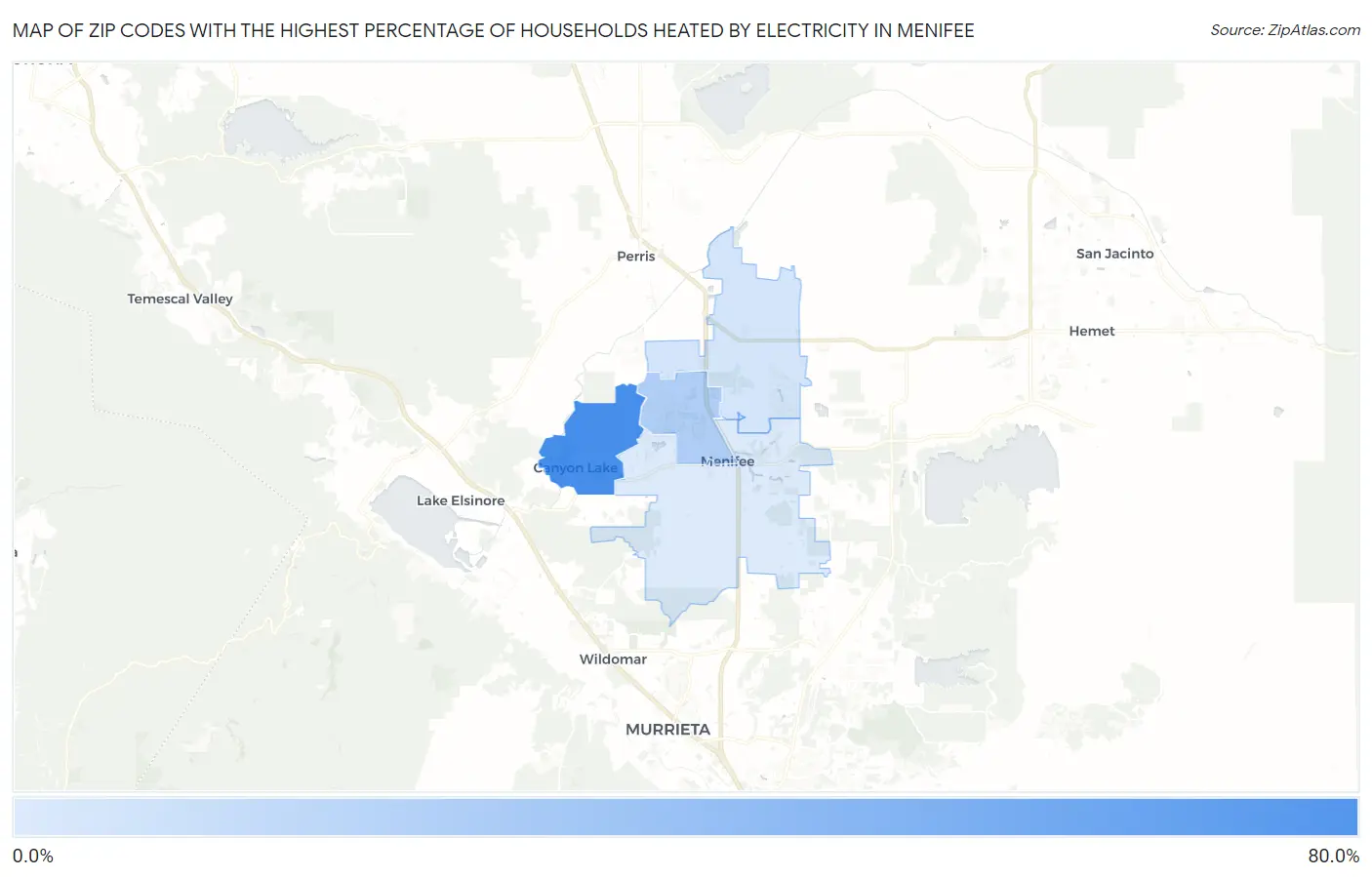 Zip Codes with the Highest Percentage of Households Heated by Electricity in Menifee Map