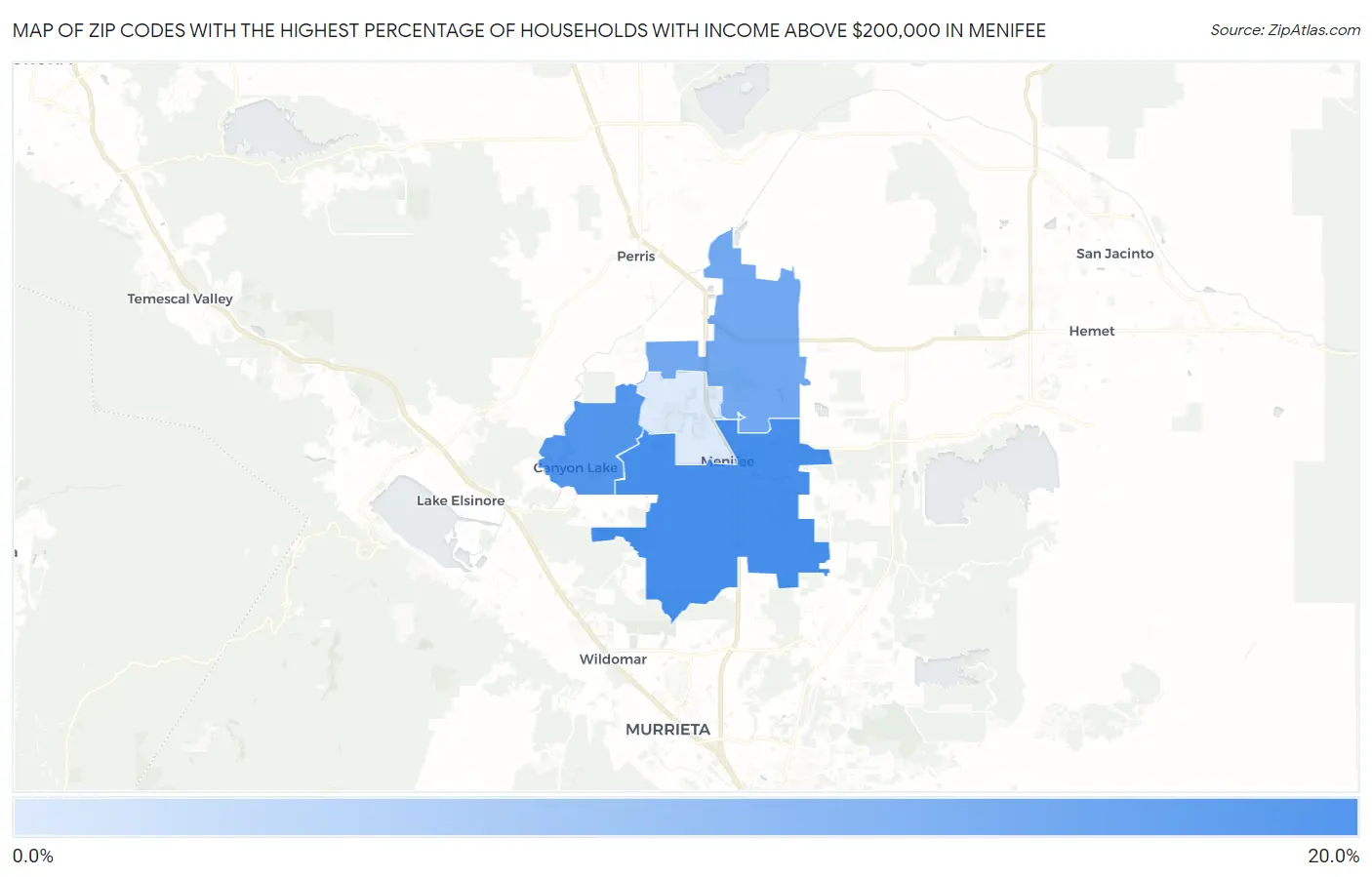 Zip Codes with the Highest Percentage of Households with Income Above $200,000 in Menifee Map