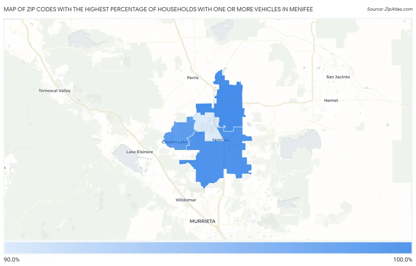 Zip Codes with the Highest Percentage of Households With One or more Vehicles in Menifee Map