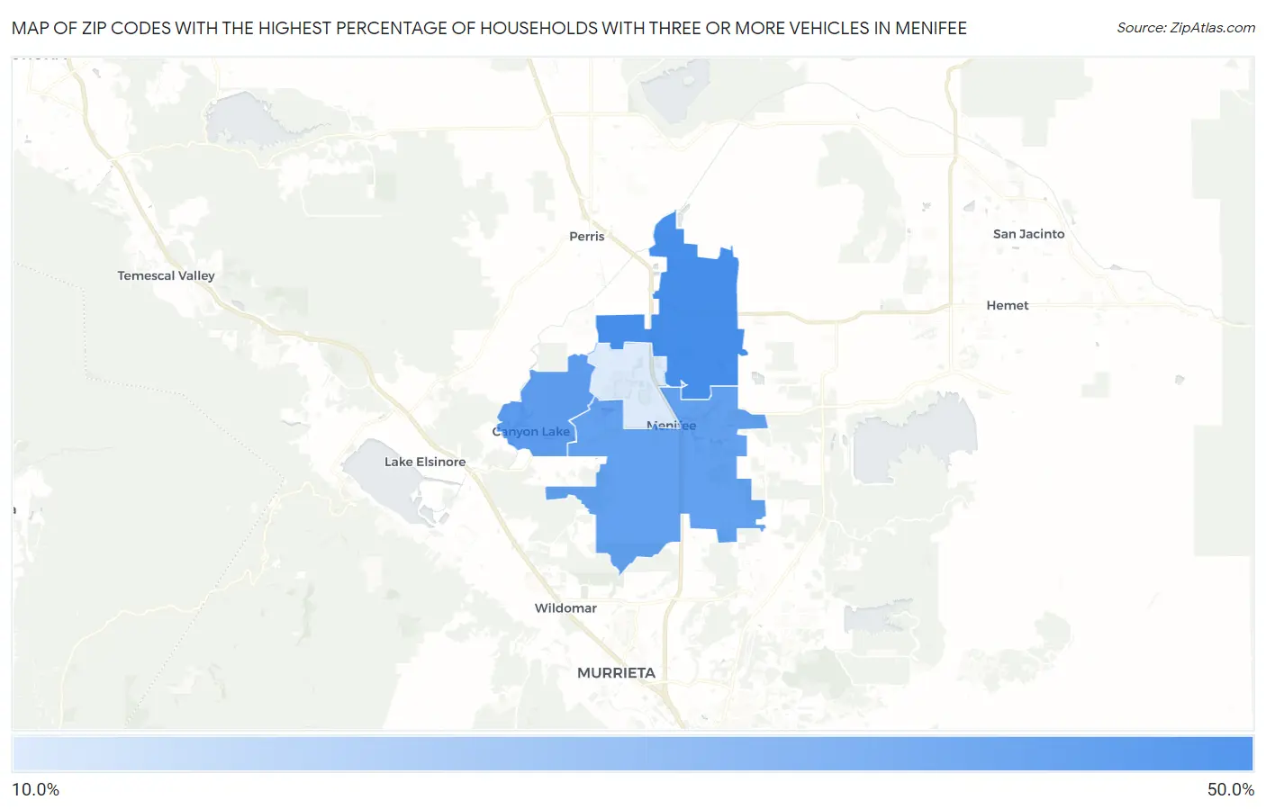 Zip Codes with the Highest Percentage of Households With Three or more Vehicles in Menifee Map