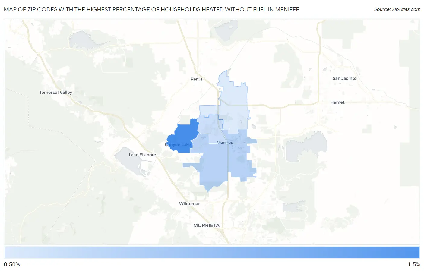 Zip Codes with the Highest Percentage of Households Heated without Fuel in Menifee Map