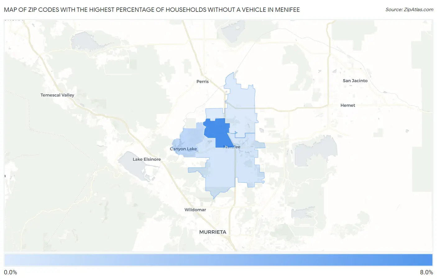 Zip Codes with the Highest Percentage of Households Without a Vehicle in Menifee Map