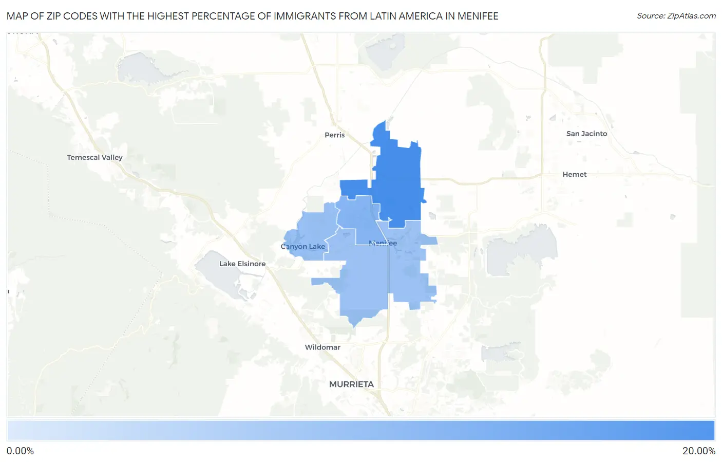 Zip Codes with the Highest Percentage of Immigrants from Latin America in Menifee Map