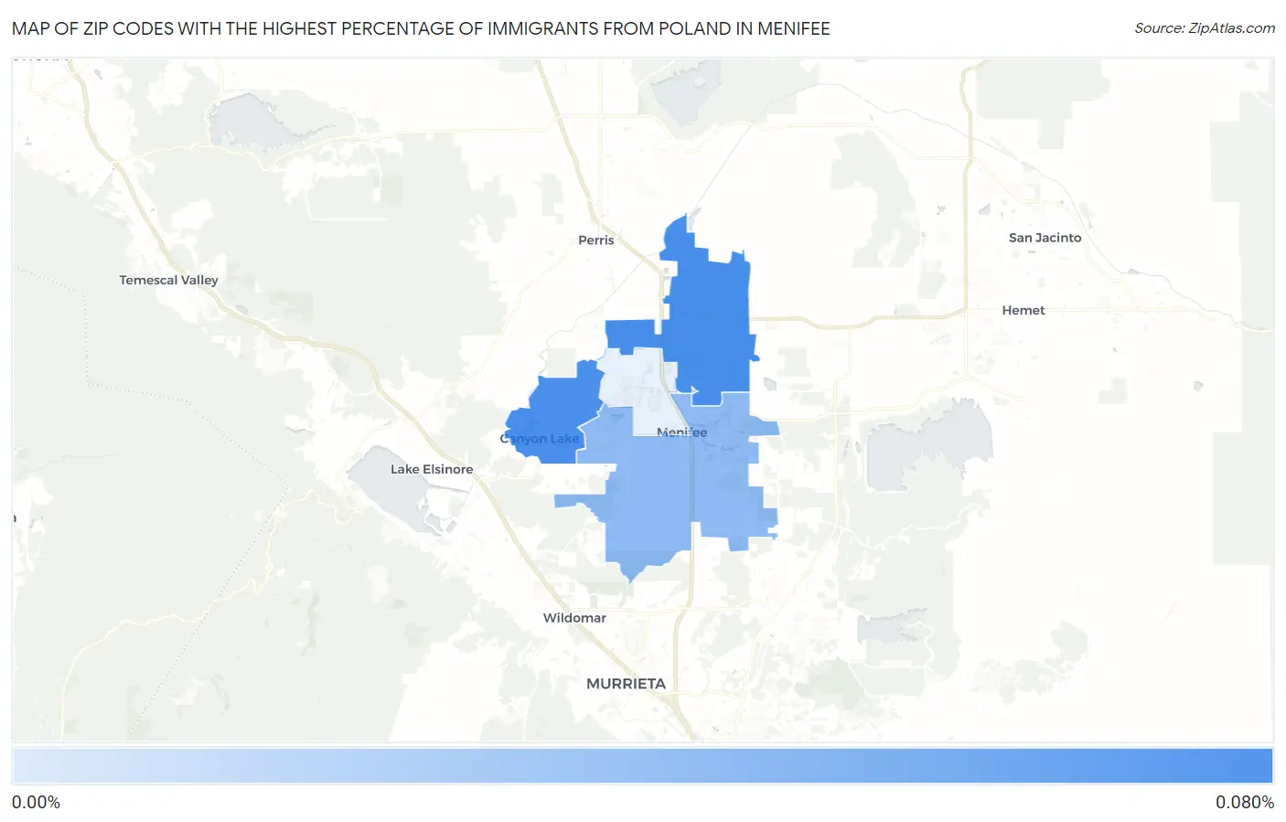 Zip Codes with the Highest Percentage of Immigrants from Poland in Menifee Map