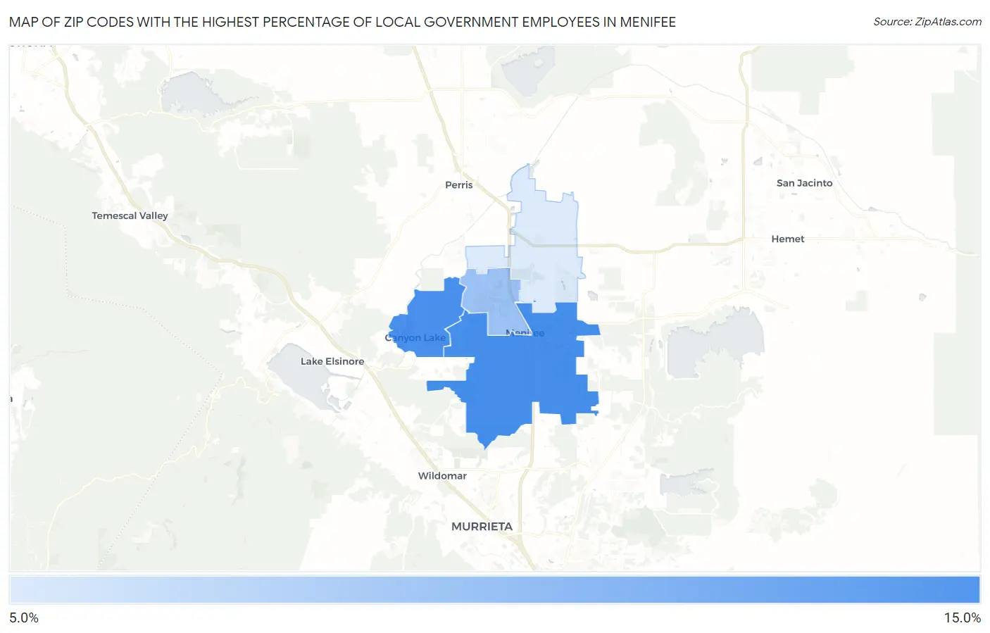 Zip Codes with the Highest Percentage of Local Government Employees in Menifee Map