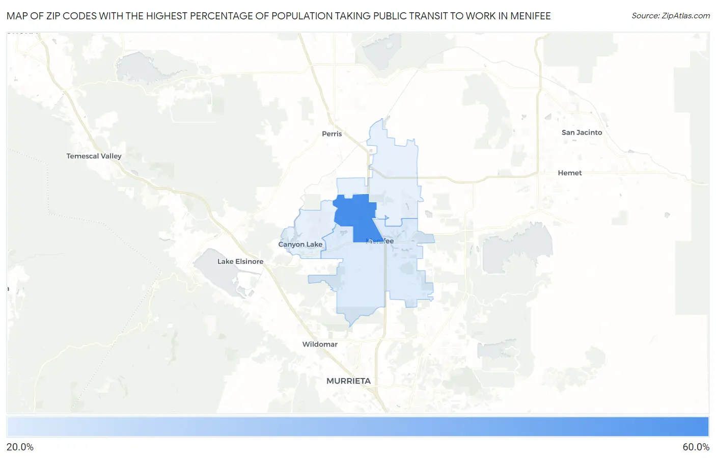 Zip Codes with the Highest Percentage of Population Taking Public Transit to Work in Menifee Map