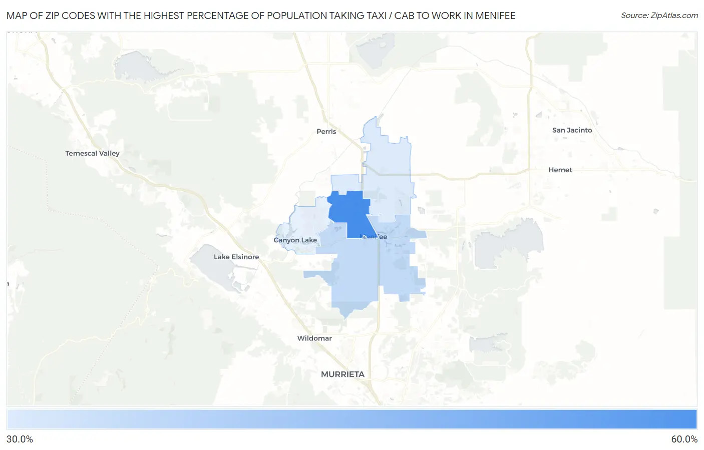 Zip Codes with the Highest Percentage of Population Taking Taxi / Cab to Work in Menifee Map