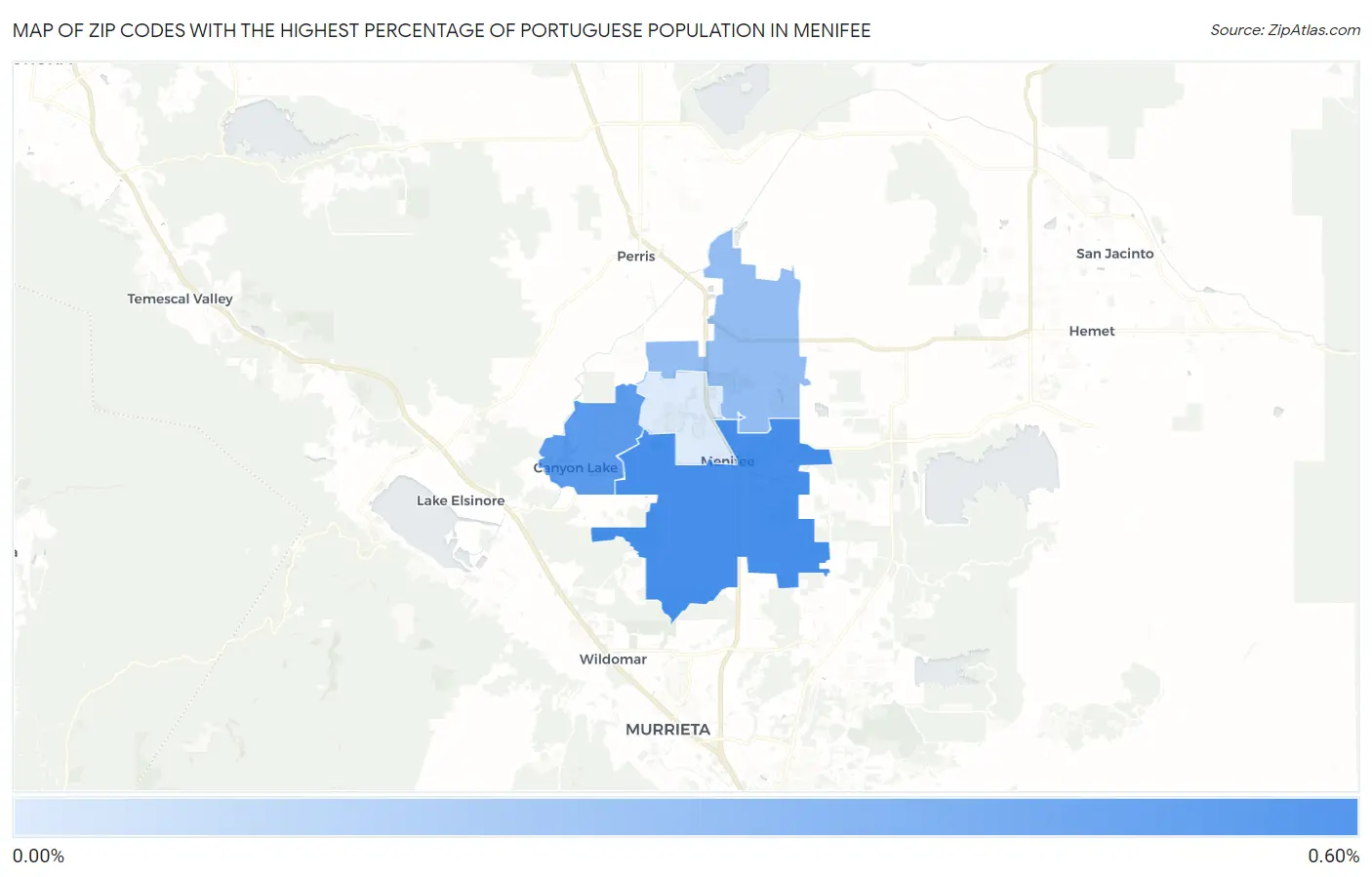 Zip Codes with the Highest Percentage of Portuguese Population in Menifee Map
