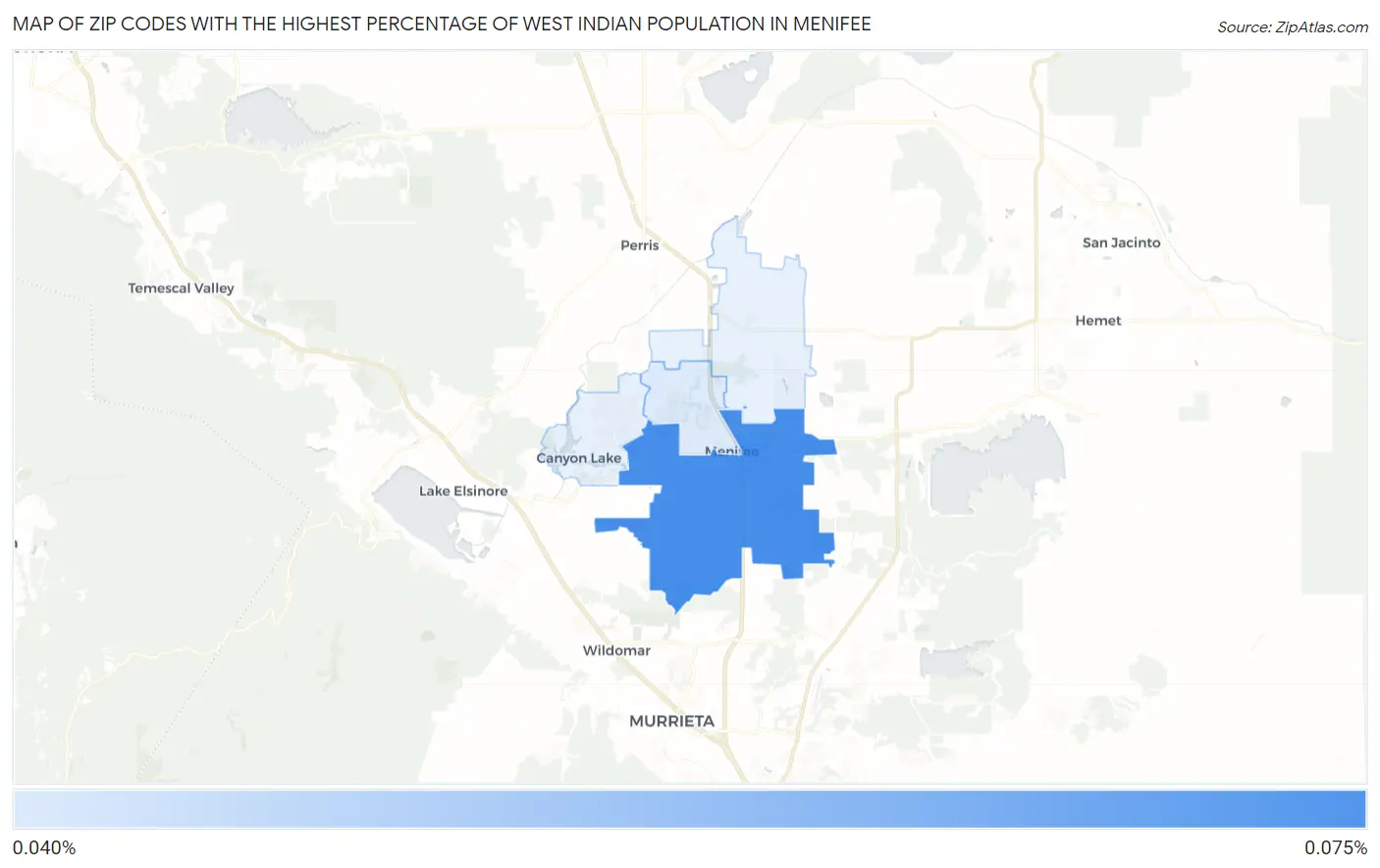 Zip Codes with the Highest Percentage of West Indian Population in Menifee Map