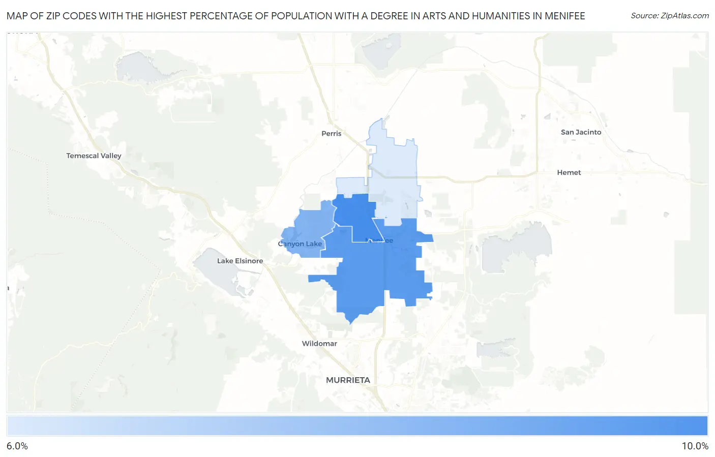 Zip Codes with the Highest Percentage of Population with a Degree in Arts and Humanities in Menifee Map