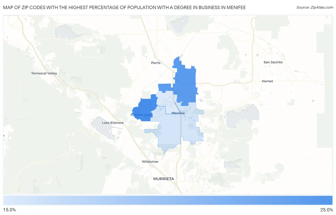 Zip Codes with the Highest Percentage of Population with a Degree in Business in Menifee Map