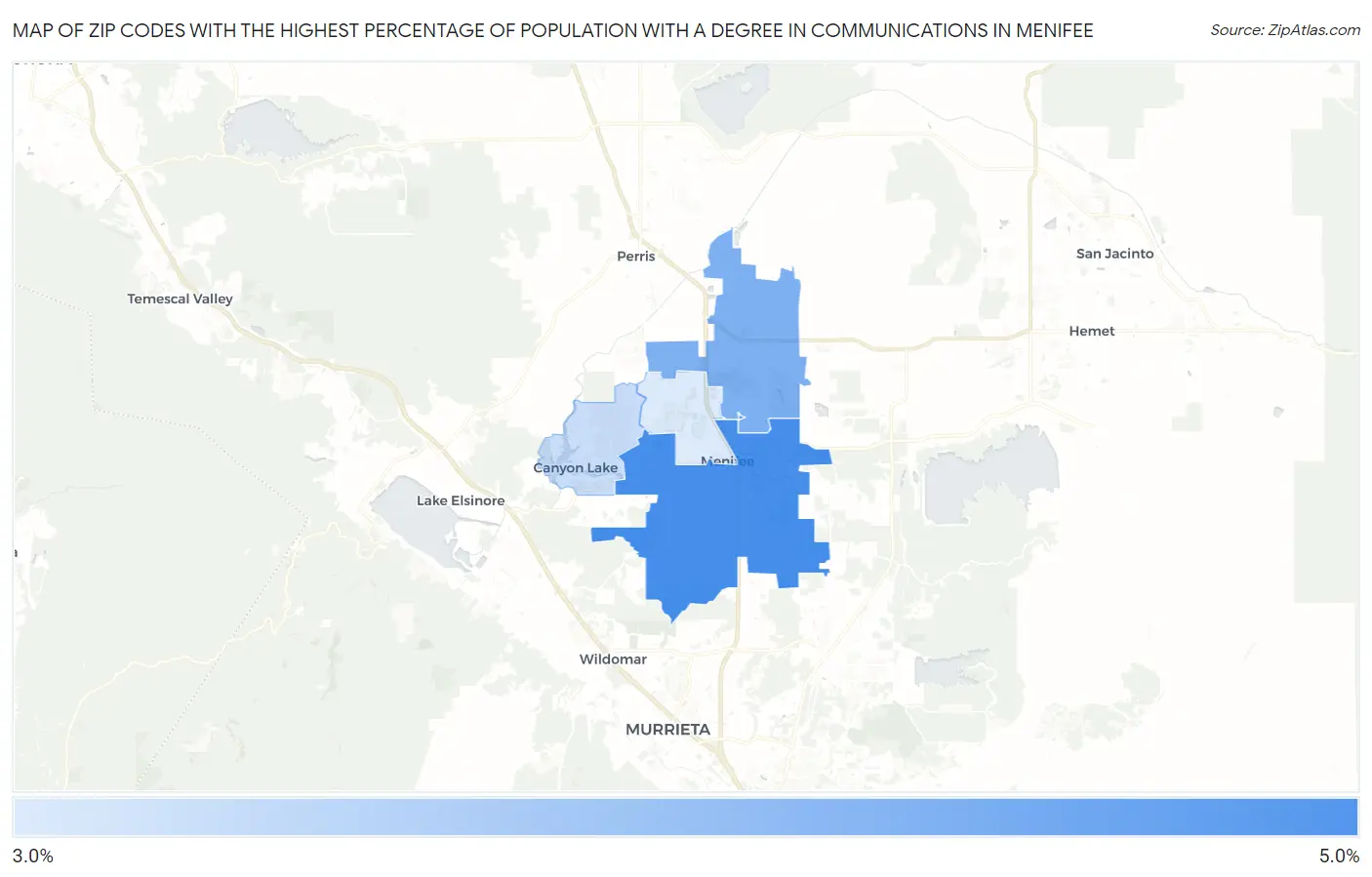 Zip Codes with the Highest Percentage of Population with a Degree in Communications in Menifee Map