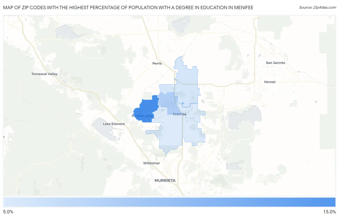 Zip Codes with the Highest Percentage of Population with a Degree in Education in Menifee Map