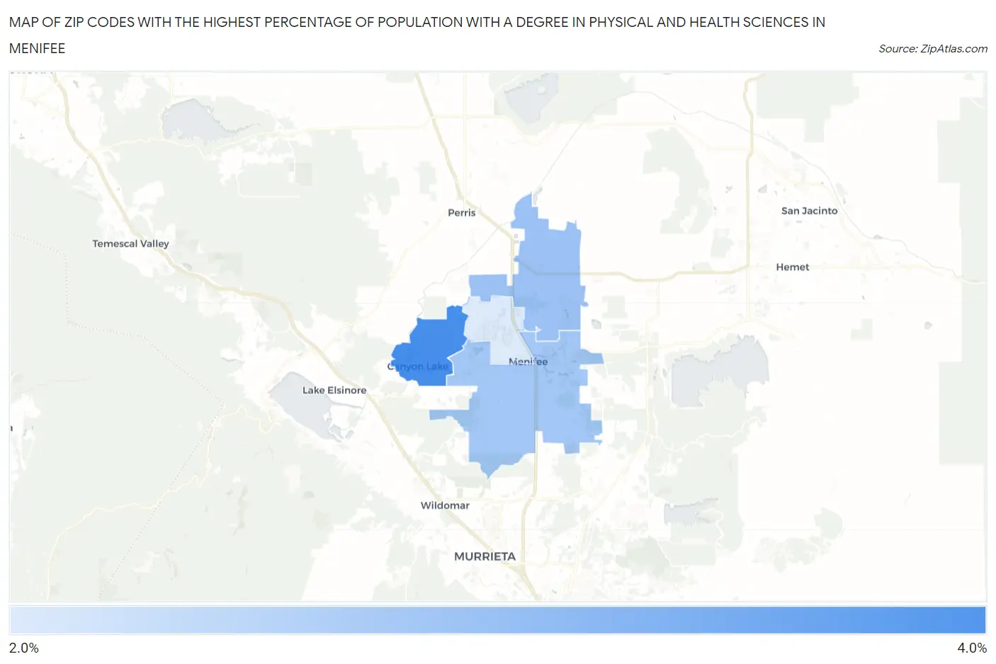 Zip Codes with the Highest Percentage of Population with a Degree in Physical and Health Sciences in Menifee Map