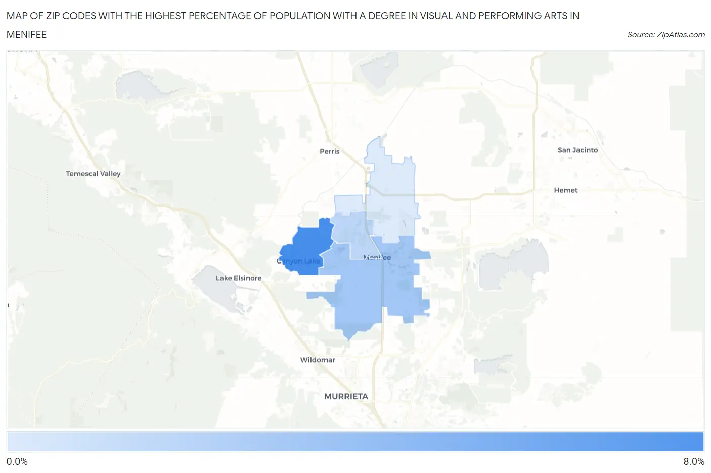 Zip Codes with the Highest Percentage of Population with a Degree in Visual and Performing Arts in Menifee Map