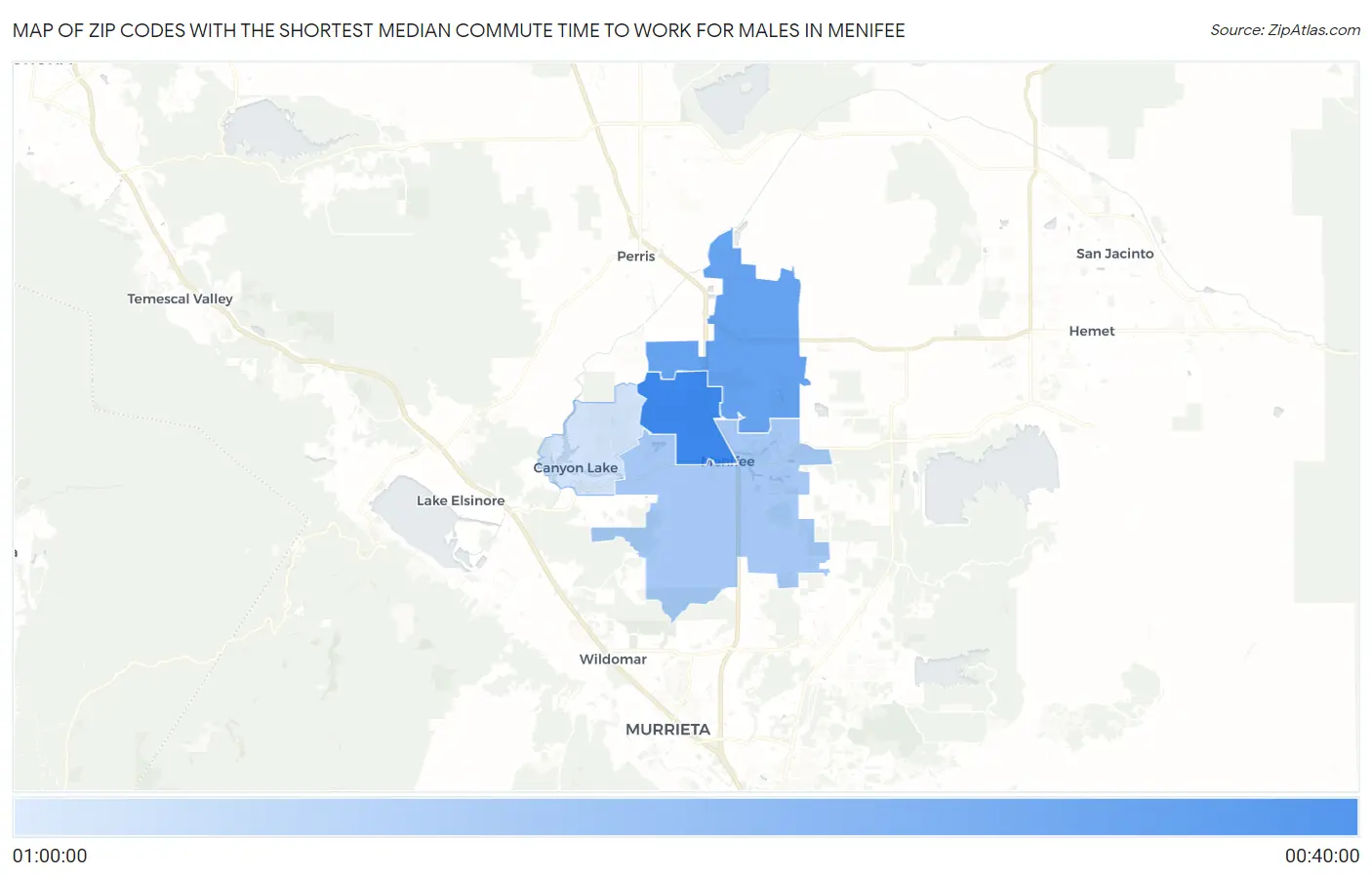 Zip Codes with the Shortest Median Commute Time to Work for Males in Menifee Map