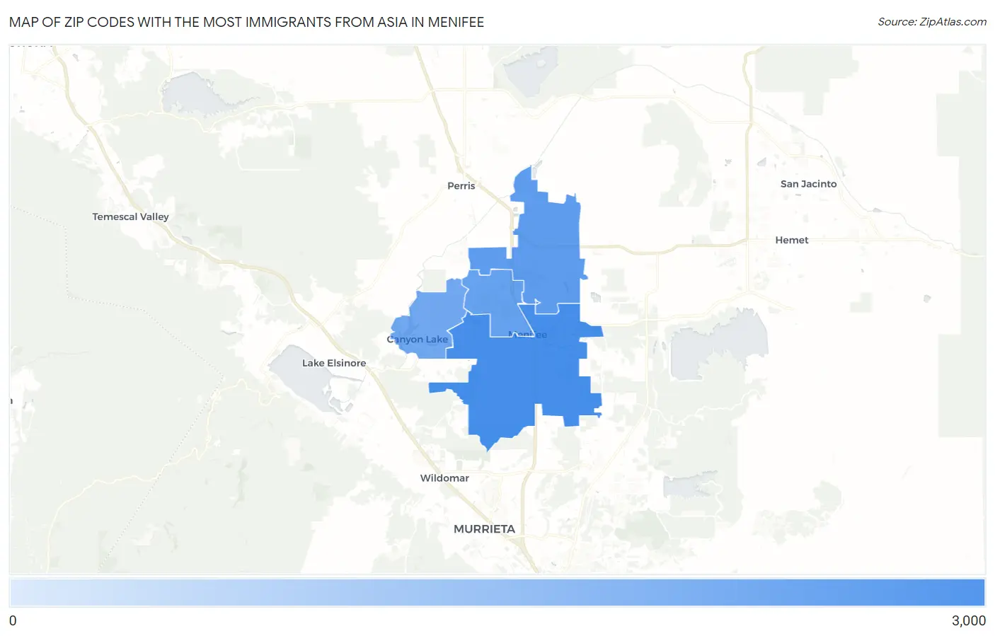 Zip Codes with the Most Immigrants from Asia in Menifee Map