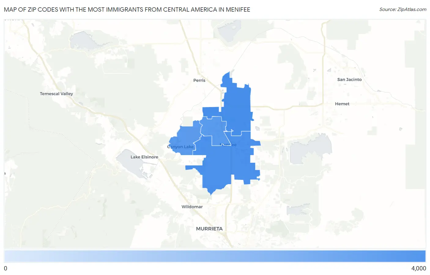 Zip Codes with the Most Immigrants from Central America in Menifee Map