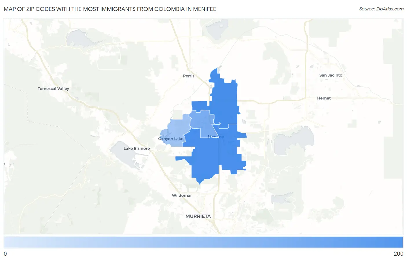 Zip Codes with the Most Immigrants from Colombia in Menifee Map
