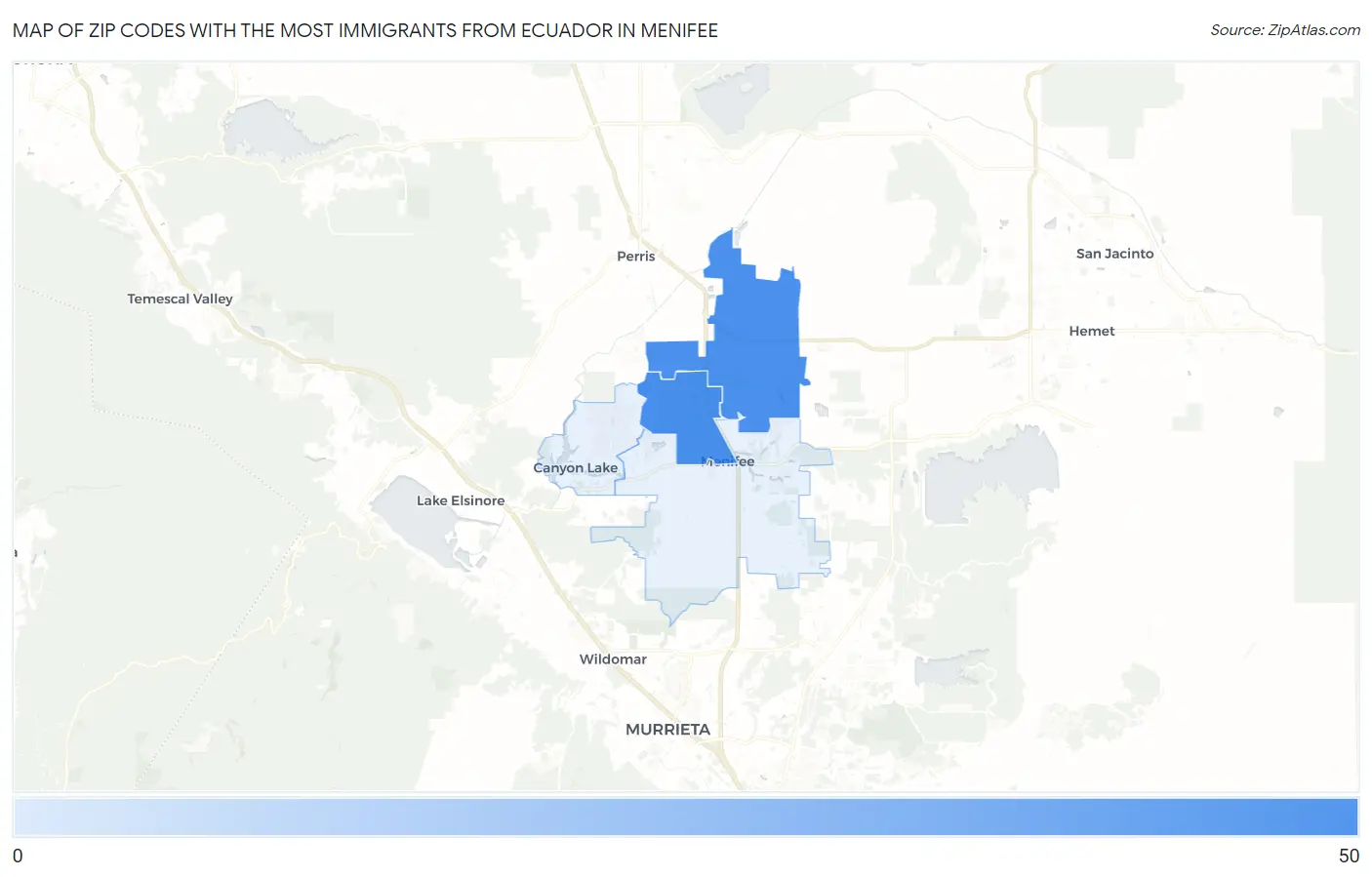 Zip Codes with the Most Immigrants from Ecuador in Menifee Map