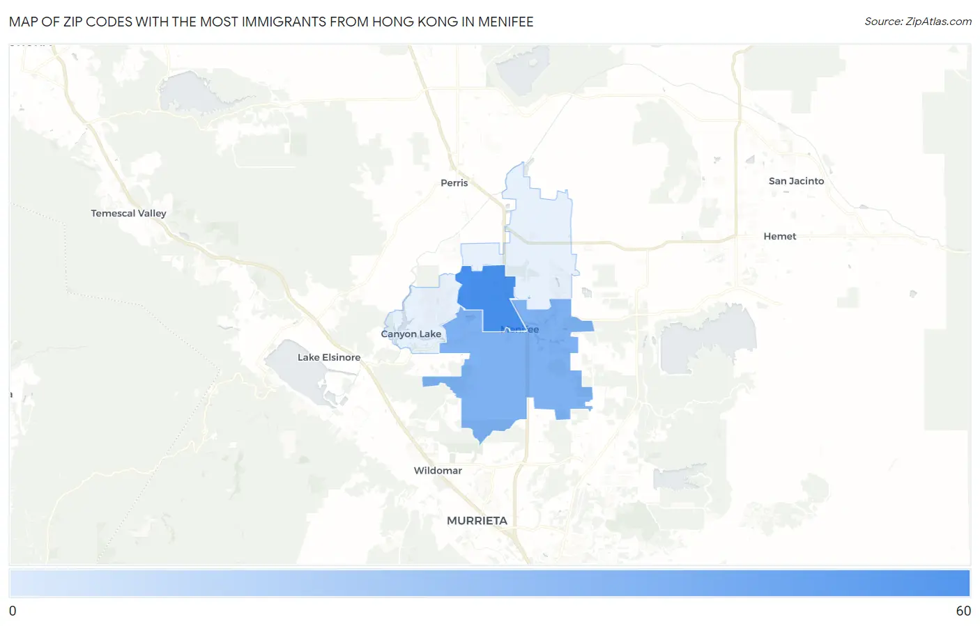 Zip Codes with the Most Immigrants from Hong Kong in Menifee Map