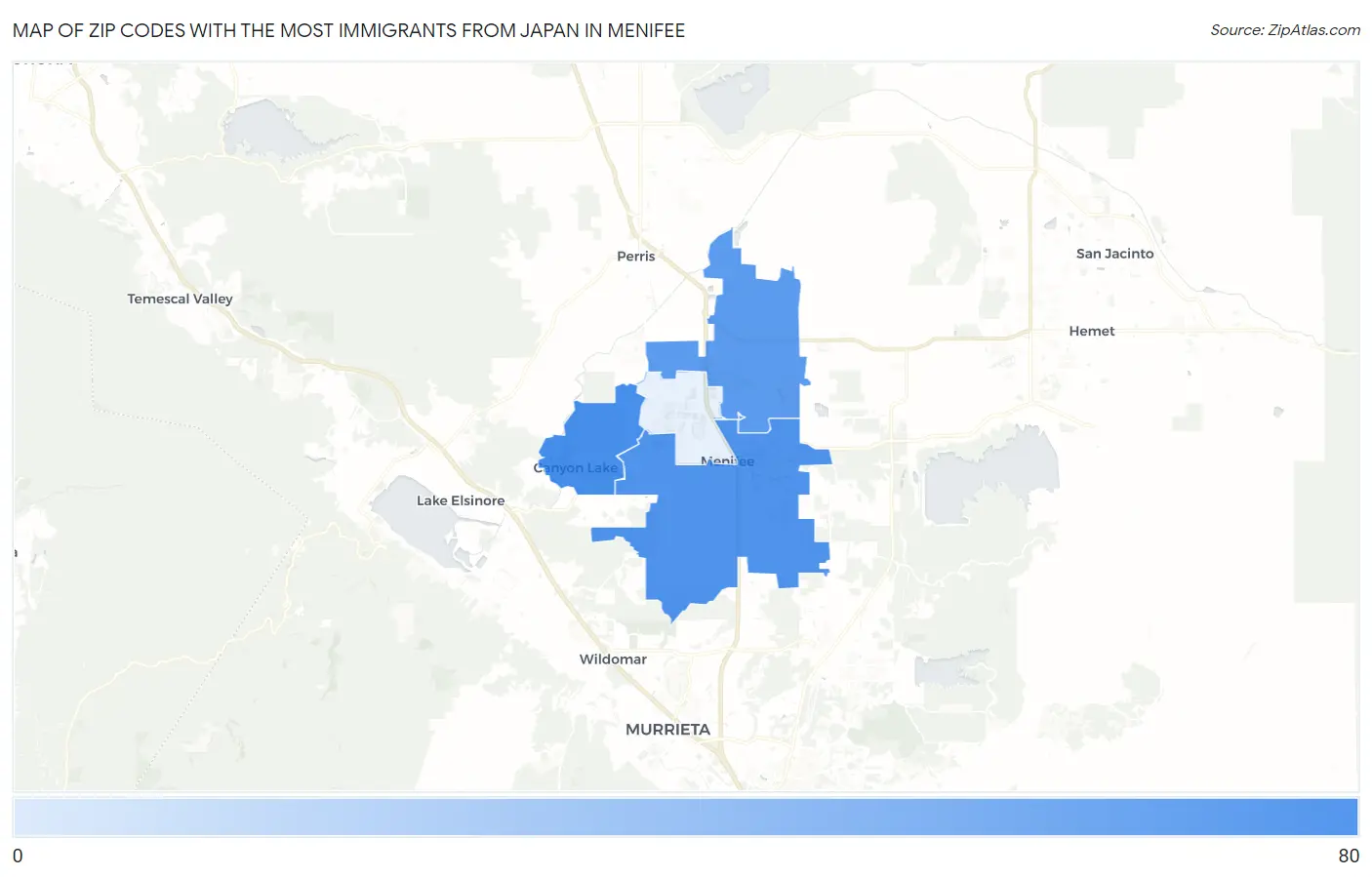 Zip Codes with the Most Immigrants from Japan in Menifee Map