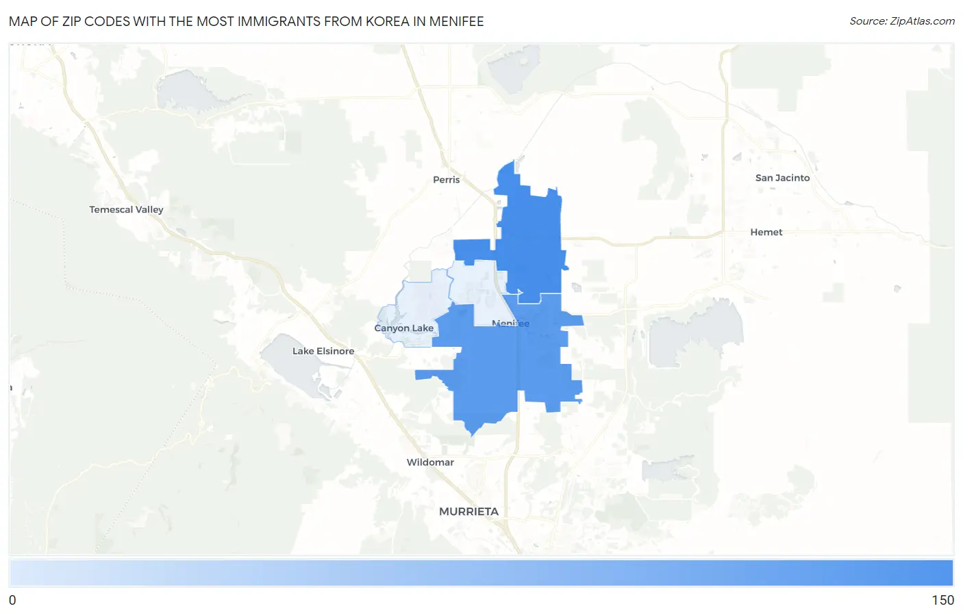 Zip Codes with the Most Immigrants from Korea in Menifee Map