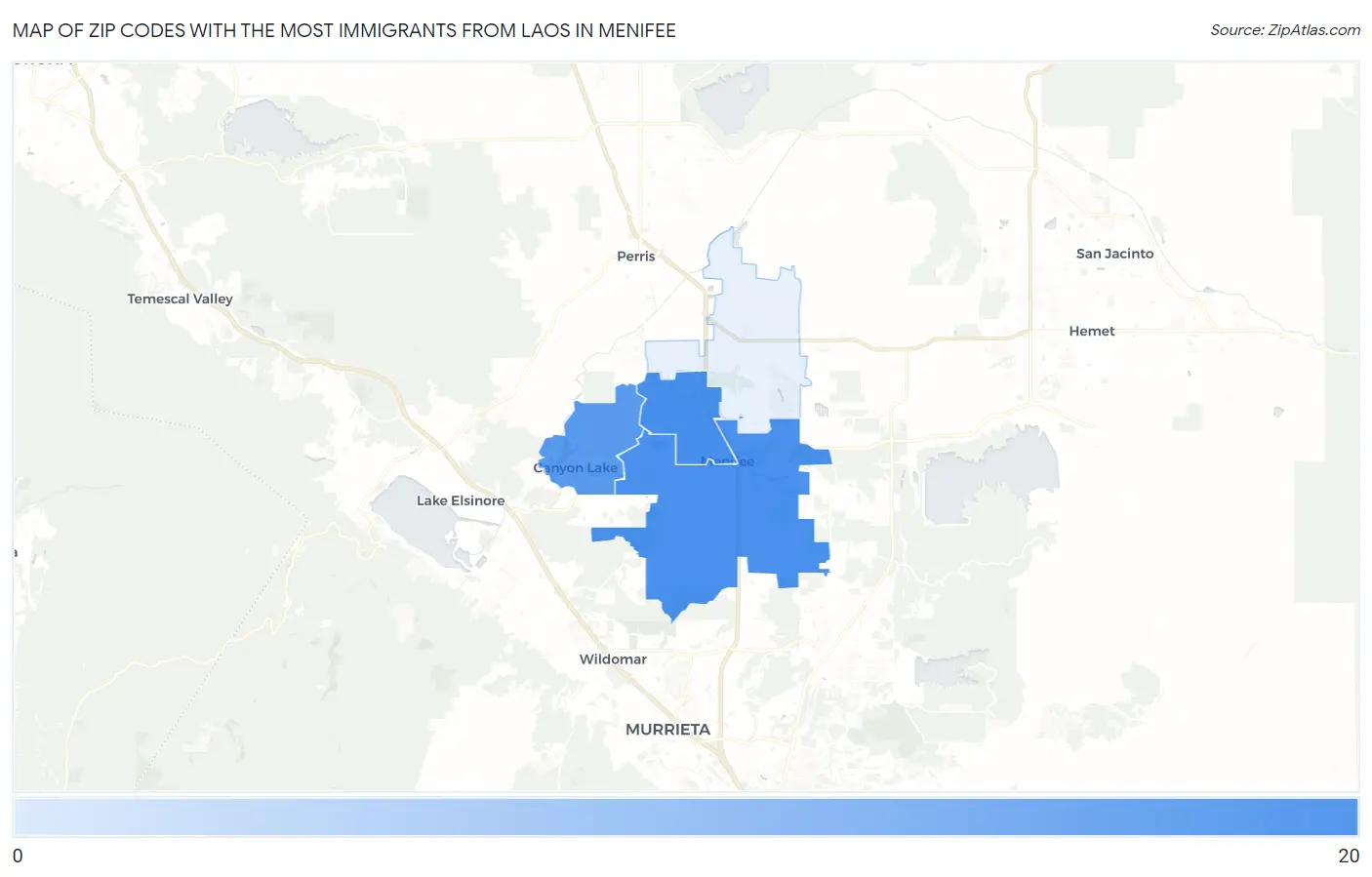 Zip Codes with the Most Immigrants from Laos in Menifee Map