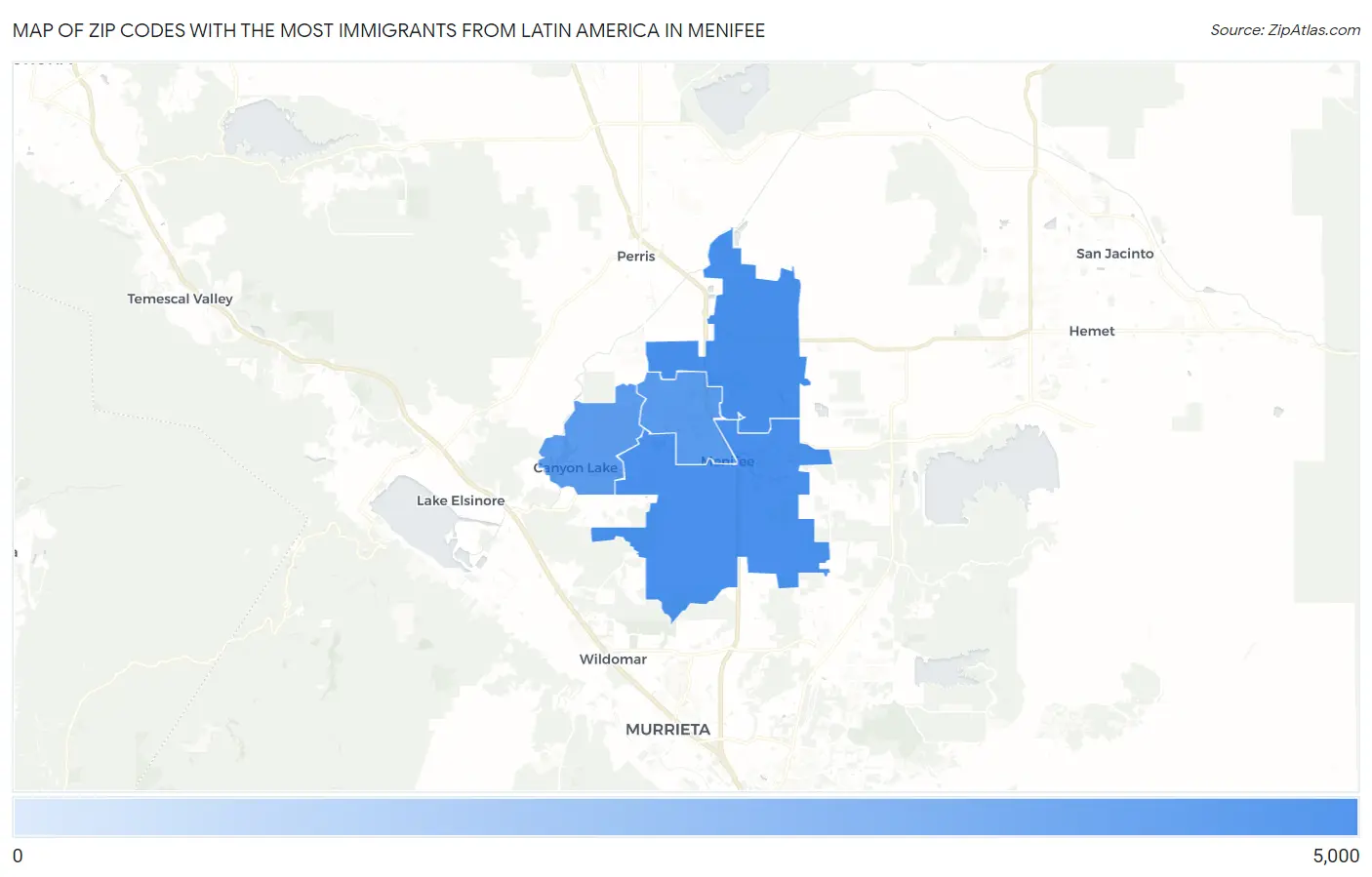 Zip Codes with the Most Immigrants from Latin America in Menifee Map