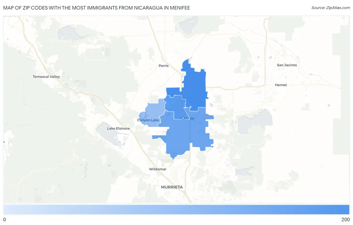 Zip Codes with the Most Immigrants from Nicaragua in Menifee Map