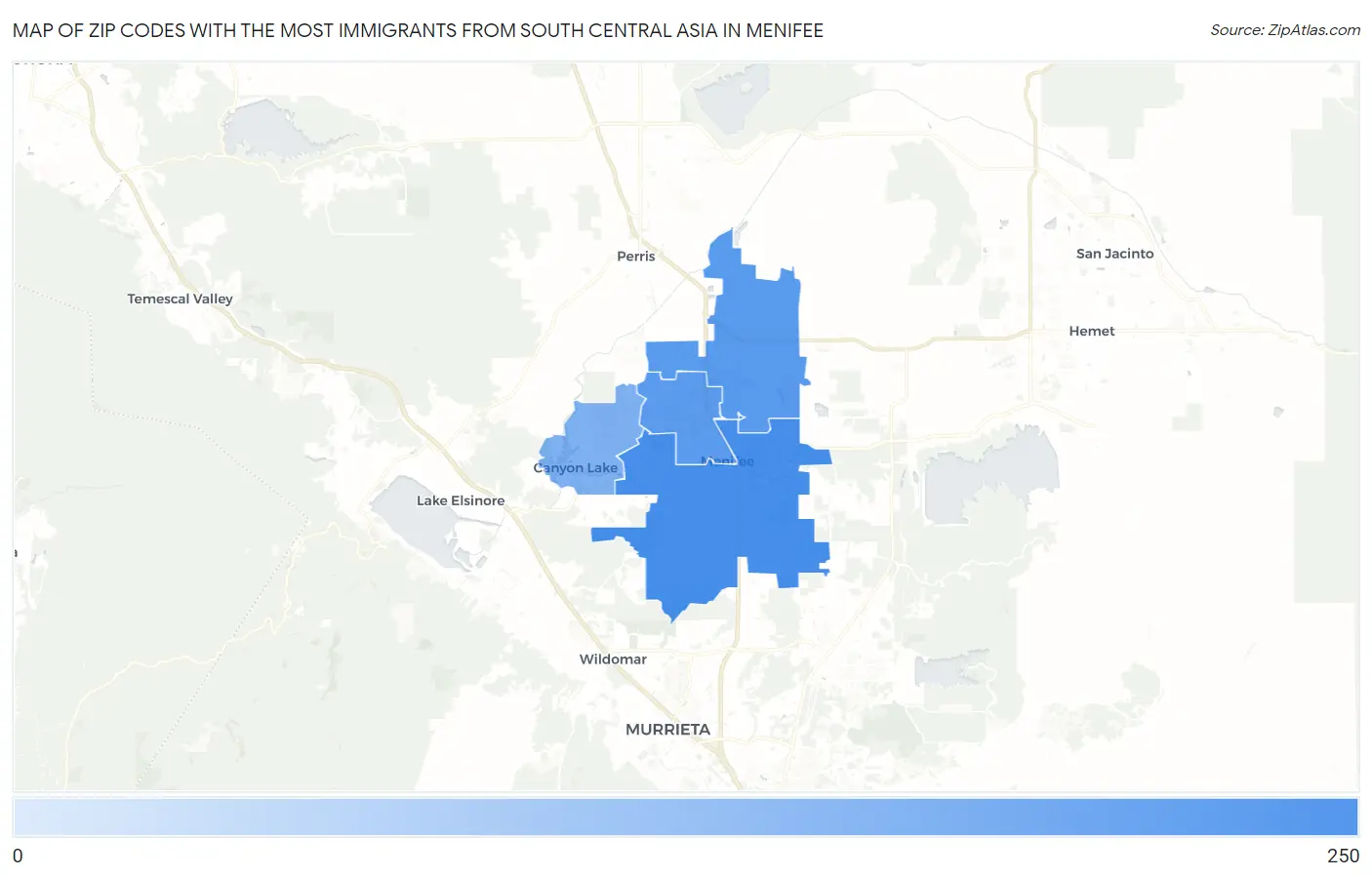 Zip Codes with the Most Immigrants from South Central Asia in Menifee Map