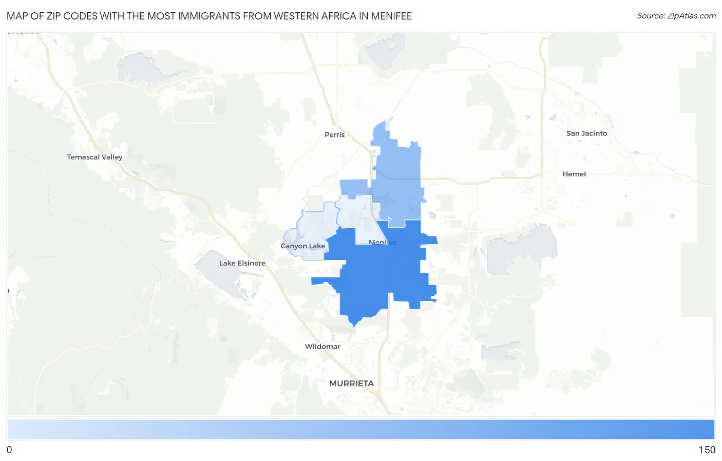 Zip Codes with the Most Immigrants from Western Africa in Menifee Map