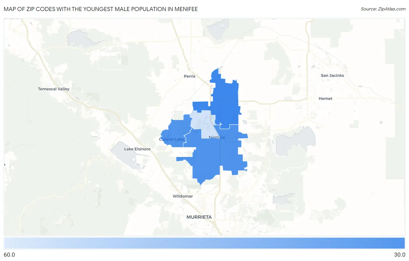 Zip Codes with the Youngest Male Population in Menifee Map