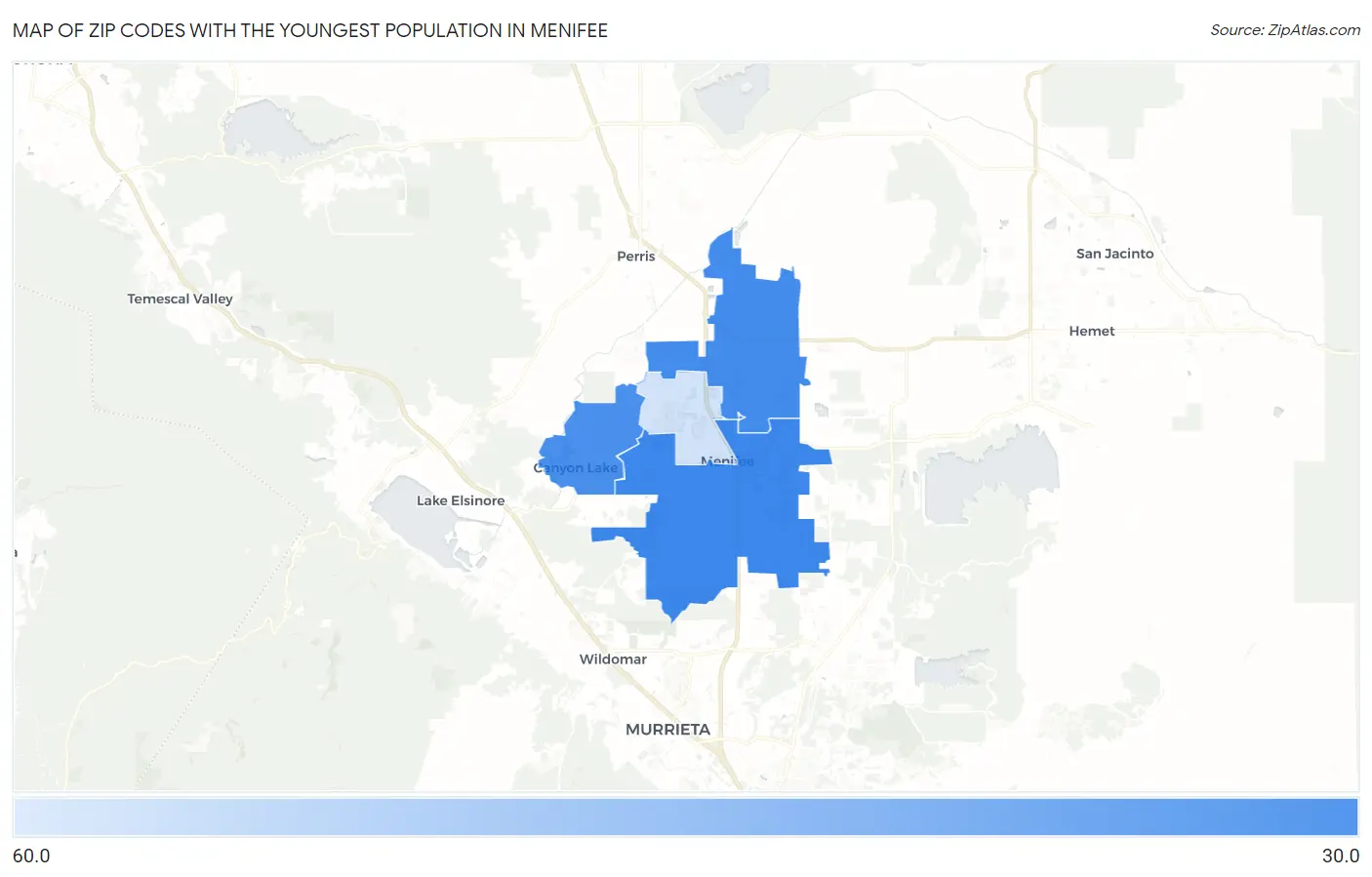 Zip Codes with the Youngest Population in Menifee Map