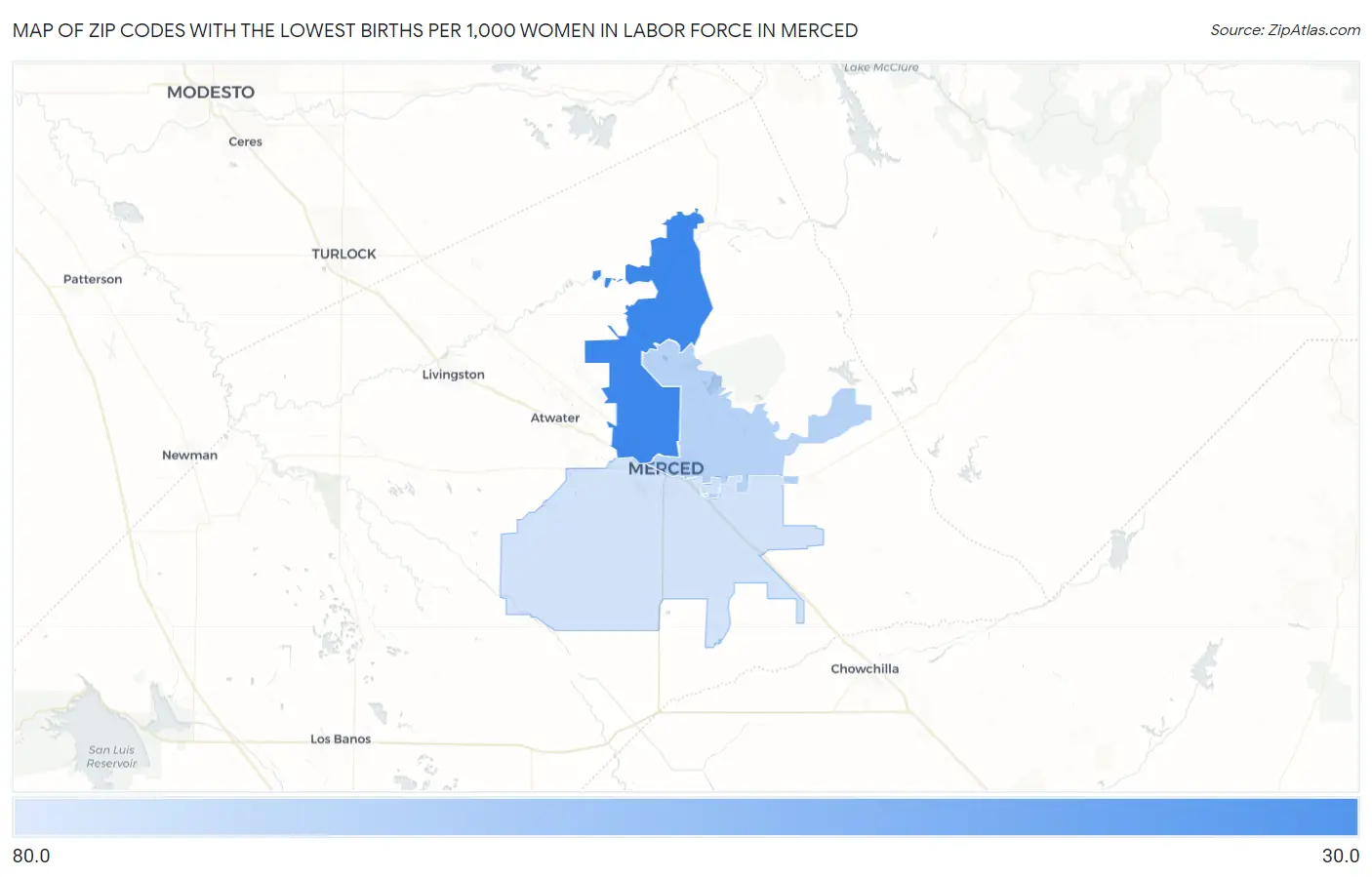 Zip Codes with the Lowest Births per 1,000 Women in Labor Force in Merced Map
