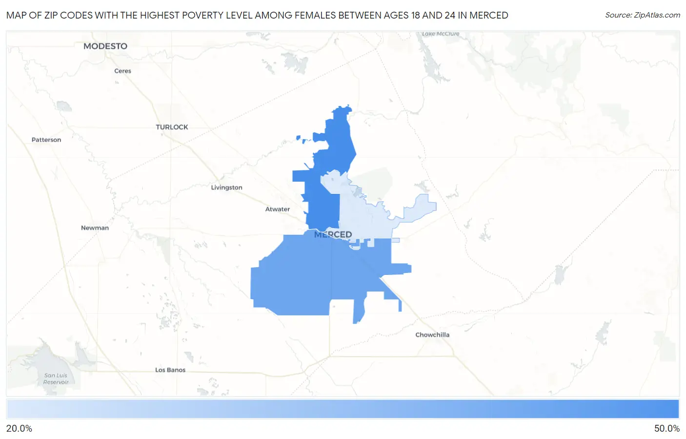 Zip Codes with the Highest Poverty Level Among Females Between Ages 18 and 24 in Merced Map