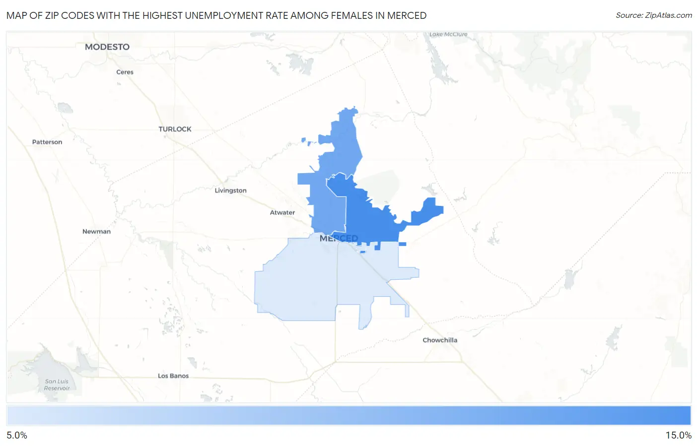 Zip Codes with the Highest Unemployment Rate Among Females in Merced Map