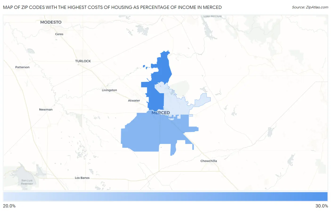 Zip Codes with the Highest Costs of Housing as Percentage of Income in Merced Map