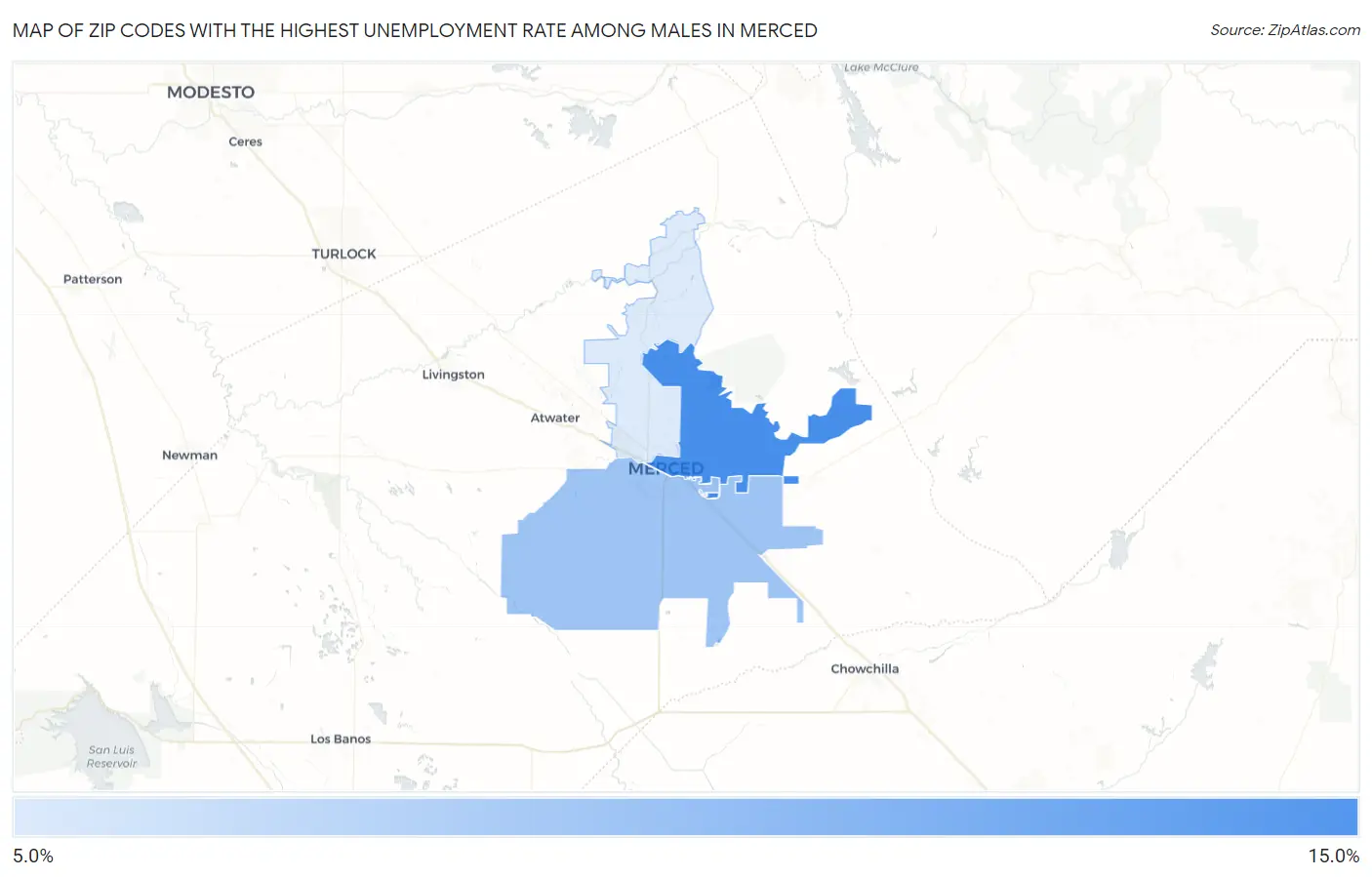 Zip Codes with the Highest Unemployment Rate Among Males in Merced Map