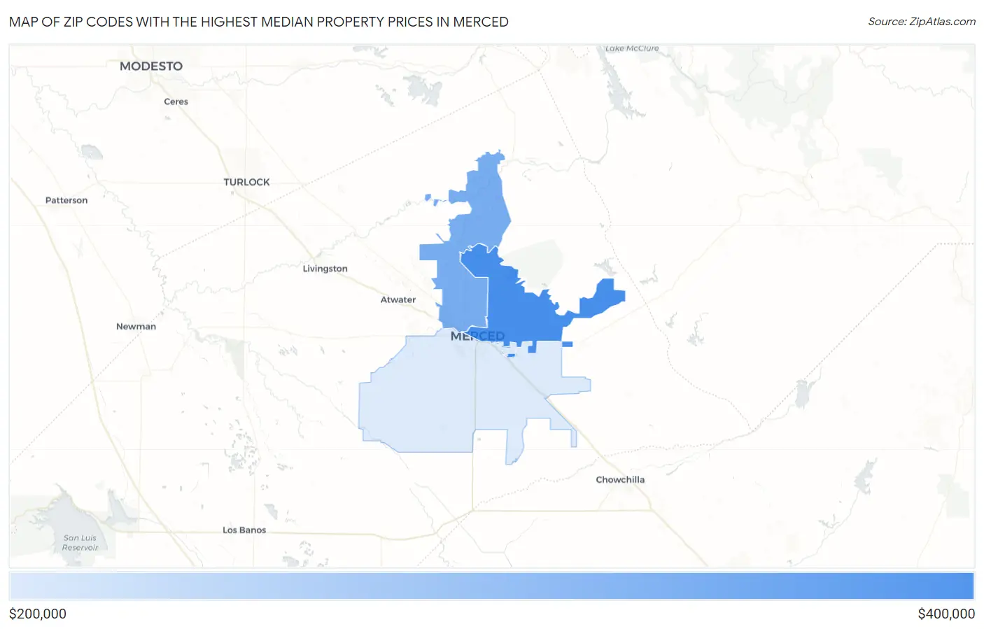 Zip Codes with the Highest Median Property Prices in Merced Map