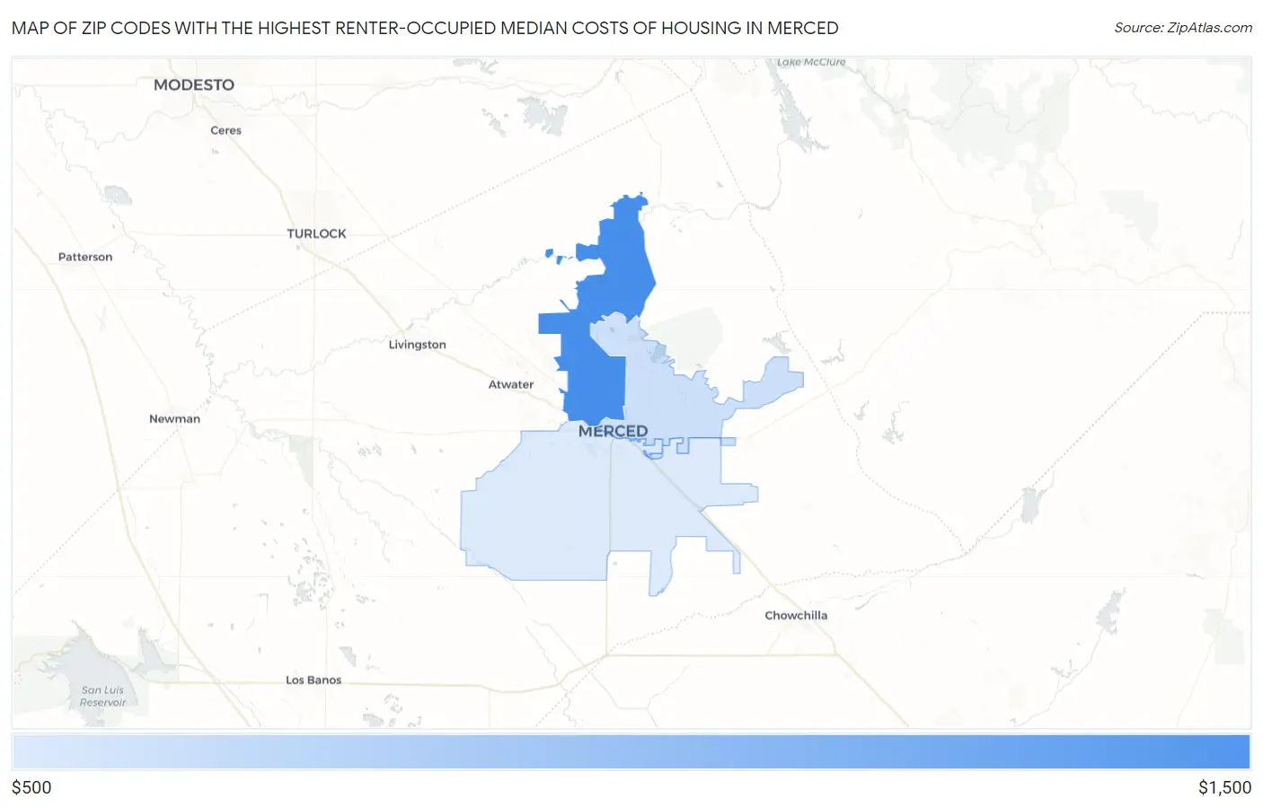 Zip Codes with the Highest Renter-Occupied Median Costs of Housing in Merced Map