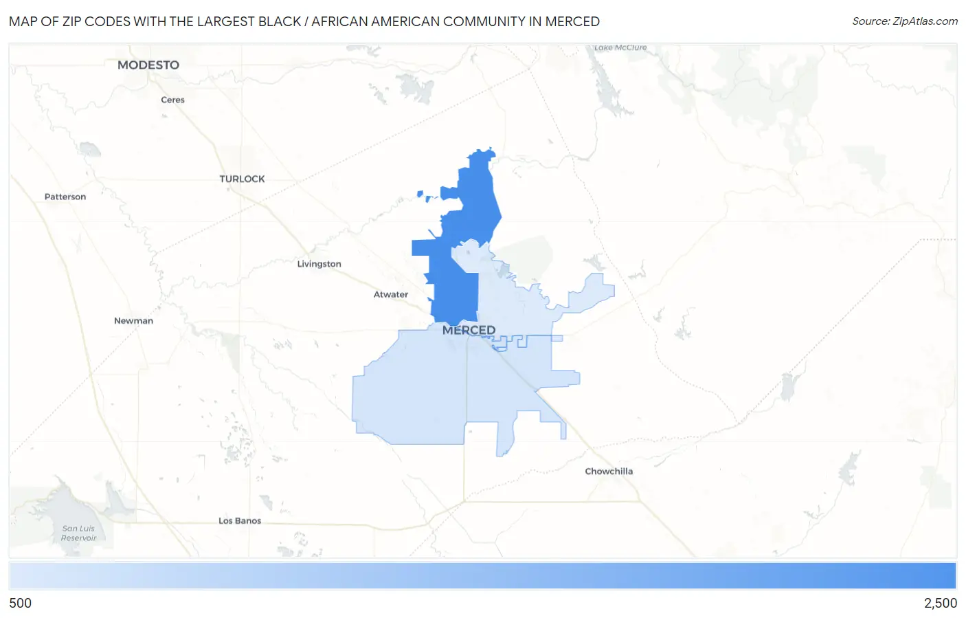Zip Codes with the Largest Black / African American Community in Merced Map