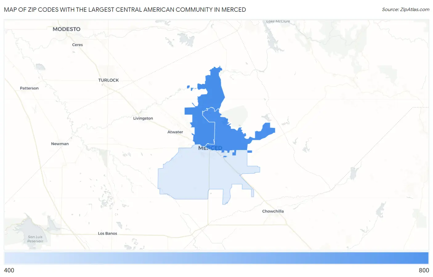 Zip Codes with the Largest Central American Community in Merced Map